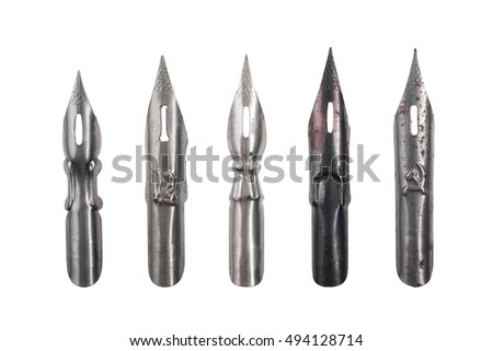 Set of old worn Soviet quill. On white background isolated. Horizontal photo. Royalty-Free Stock Photo #494128714