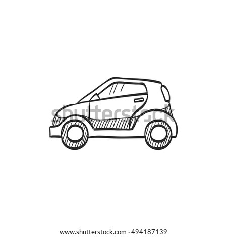 Green car icon in doodle sketch lines. Low emission, electric vehicle 