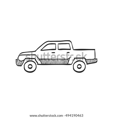 Car icon in doodle sketch lines. Truck, double cabin, 4x4, 4 wheel driver American 
