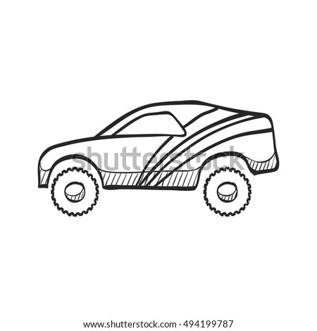 Rally car icon in doodle sketch lines. Race championship competition fast track road