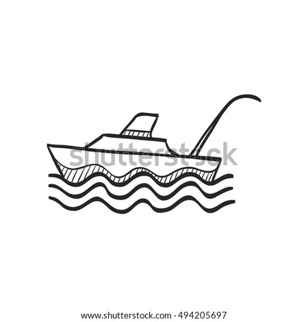Fishing boat icon in doodle sketch lines. Sport water sea lake river attracts recreation ship transportation transport