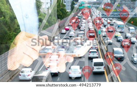 Car sharing service or rental concept. Sharing economy and collaborative consumption. Double exposure of business man holding mobile phone and use application to call car with blur city traffic