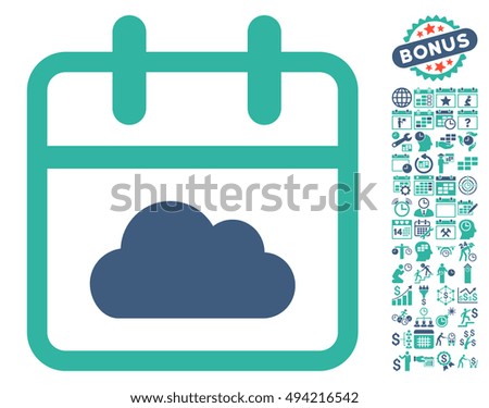 Cloudy Day Calendar Page pictograph with bonus calendar and time management clip art. Vector illustration style is flat iconic bicolor symbols, cobalt and cyan colors, white background.