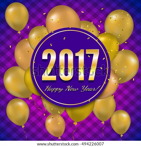 Happy New Year 2017 card with gold balloons on purple background. Vector illustration