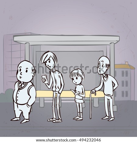 People at the bus stop. Hand drawn cartoon vector illustration.