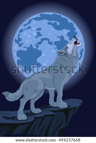 Illustration of howling wolf that stands on cliff