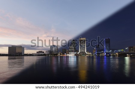 Jacksonville skyline transition of sunset and twilight downtown waterfront of St. John's River with the John T. Alsop Jr. Bridge