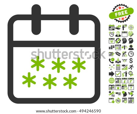 Winter Day pictograph with bonus calendar and time management clip art. Vector illustration style is flat iconic bicolor symbols, eco green and gray colors, white background.