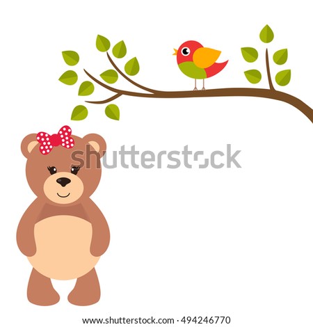 cartoon birds on a branch and teddy