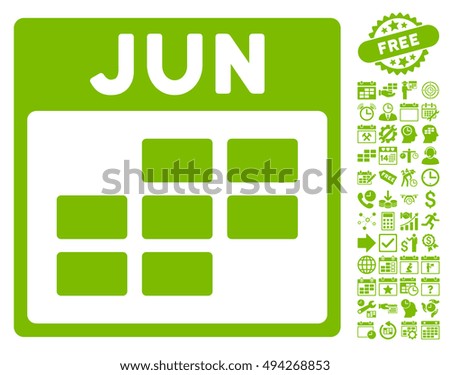 June Calendar Page icon with bonus calendar and time management clip art. Vector illustration style is flat iconic symbols, eco green color, white background.
