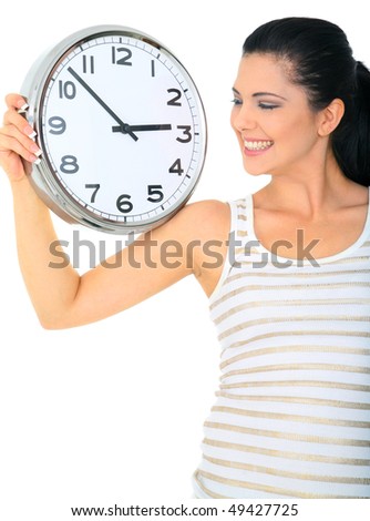 happy woman or mom looking at clock showing 3 o'clock