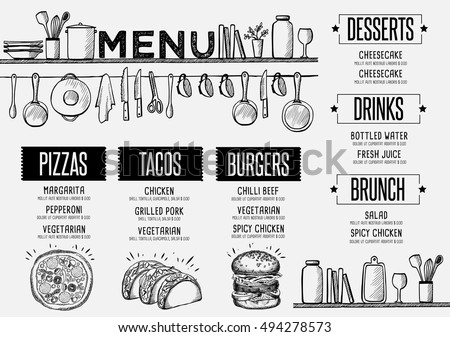 Cafe menu food placemat brochure, restaurant template design. Creative vintage brunch flyer with hand-drawn graphic. 