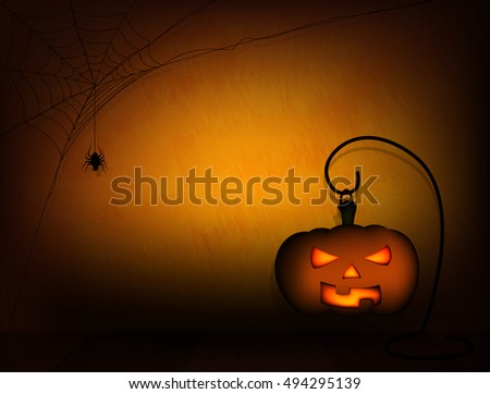 Happy Halloween background, Design with spider web and pumpkin, Vector illustration