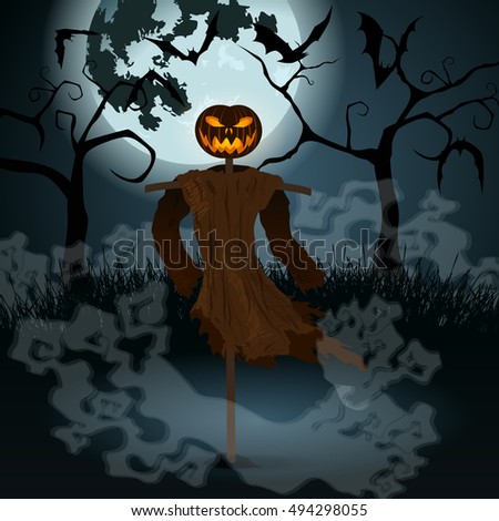 Vector very detailed, dark, hand drawn style, Halloween illustration with evil scarecrow, full Moon and bats