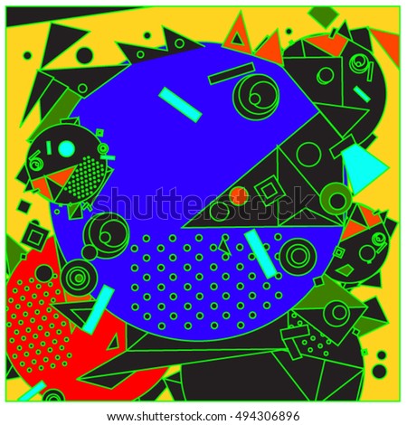 Vector fractal fabric circles random abstract colorful wallpaper pattern background. Bird and fish character illustration with retro style.