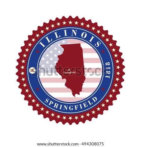 Label sticker cards of State Illinois USA. Stylized badge with the name of the State, year of creation, the contour maps and the names abbreviations.