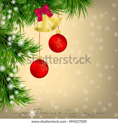 Golden Christmas and New Year Greeting card with Christmas tree, snowflakes, red Christmas balls and jingle bells