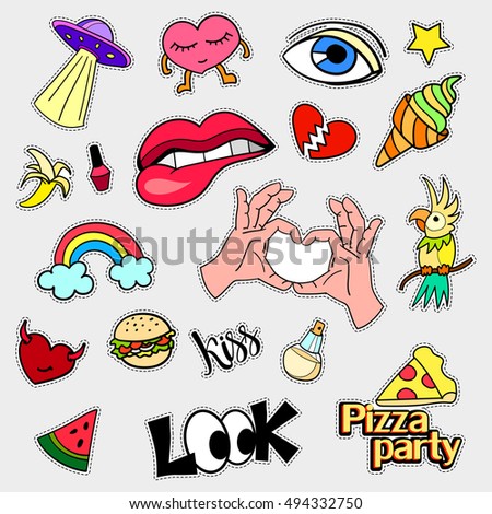 Fashion patch badges. Big set. Stickers, pins, patches and handwritten notes collection in cartoon 80s-90s comic style. Trend. Vector illustration isolated. Vector clip art.