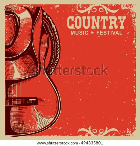 Western country music poster with american cowboy hat and guitar on vintage card background Royalty-Free Stock Photo #494335801