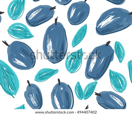 Sketched plums with leaves.Hand drawn with ink seamless background.Ethnic tribal hand sketched repeating design for fabric fashion textile.