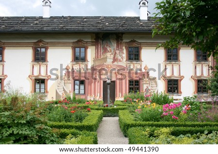 Colourful pictures on the facade wall house in Oberammergau, Germany