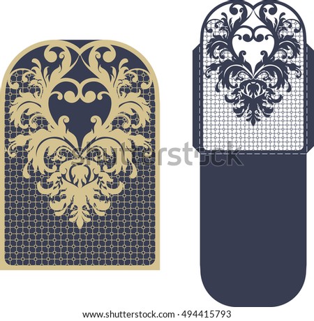 Layout congratulatory envelope with carved openwork pattern. Template is suitable for greeting cards, invitations.. Picture suitable for laser cutting, plotter cutting or printing. Vector