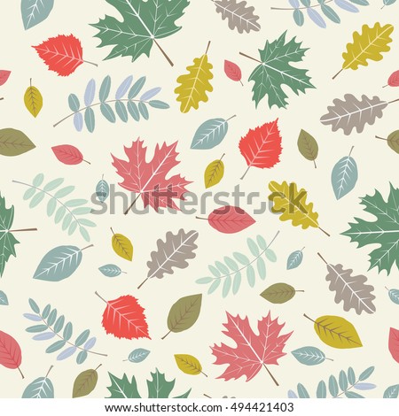Seamless pattern with red, yellow, green, blue and brown leaves of oak, maple, rowan, birch tree. Nature wallpaper. Vector illustration in vintage, retro style