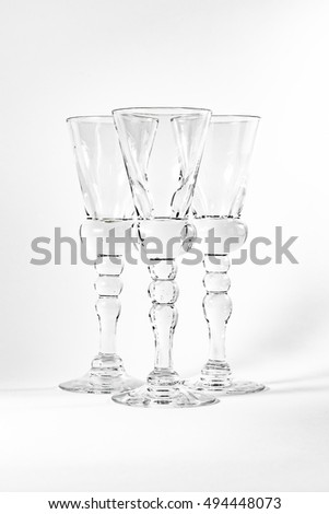 Single Shot Glass Wine Style Isolated White Background Triple Three Together Full Empty Contrast Elegant Fancy Round Stem