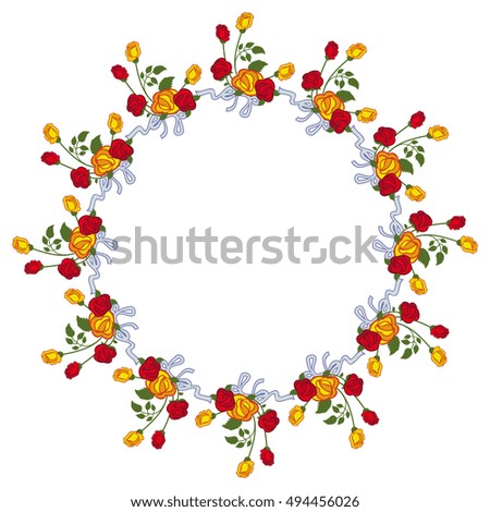 Round frame with roses with free space for text or photo. Flower wreaths. Raster clip art.