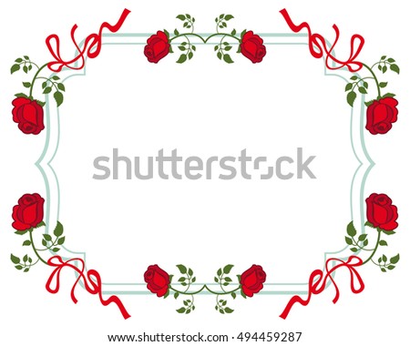 Horizontal frame with red roses. Copy space. Raster clip art.