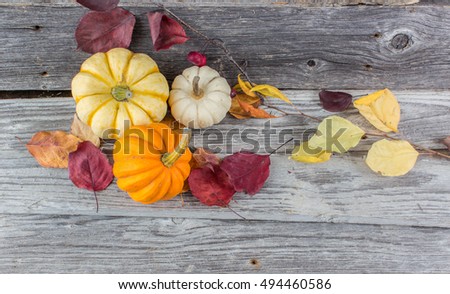 pumpkins on a rustic wood background with fall leaves