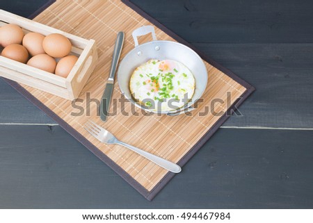 Vietnam breakfast style, call "Egg Pan", more famous in North-eastern Thailand; hipster and flat lay image, copy space for text