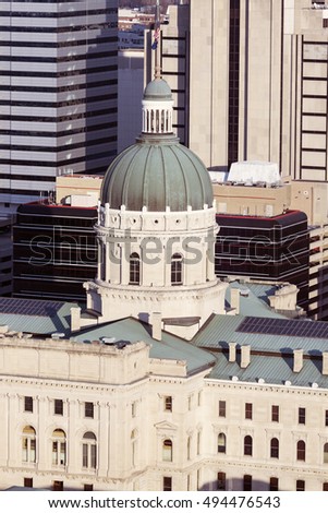 Aerial view of State Capitol Building in Indianapolis. Indianapolis, Indiana, USA.
