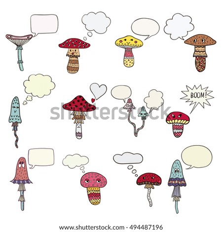 Freehand drawn cartoon mushrooms set with speech bubbles. Funny characters. Doodle smiles and emotions.