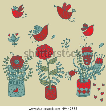 Colorful flowers in pots and cartoon flying birds