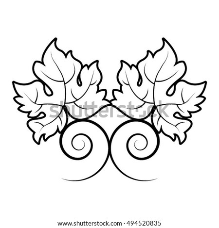 two grape leaves with swirl in black & white-vector drawing