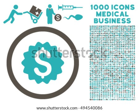 Financial Reward Seal icon with 1000 medical commercial grey and cyan vector pictograms. Clipart style is flat bicolor symbols, white background.