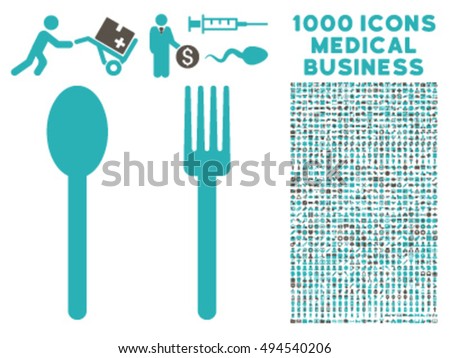 Fork and Spoon icon with 1000 medical business grey and cyan vector pictographs. Set style is flat bicolor symbols, white background.