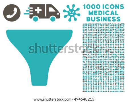 Filter icon with 1000 medical commerce grey and cyan vector design elements. Design style is flat bicolor symbols, white background.
