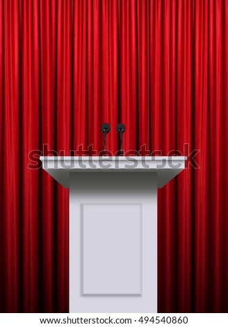 White podium over red curtain background