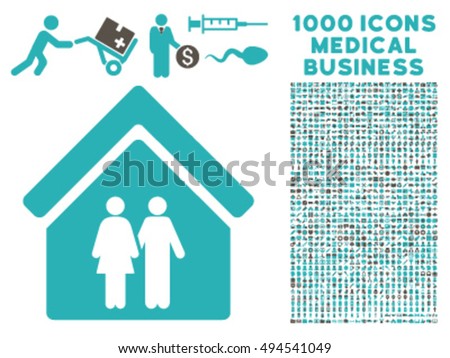 Family House icon with 1000 medical commerce grey and cyan vector pictograms. Clipart style is flat bicolor symbols, white background.
