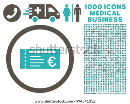 Euro Ticket icon with 1000 medical commercial grey and cyan vector pictographs. Set style is flat bicolor symbols, white background.