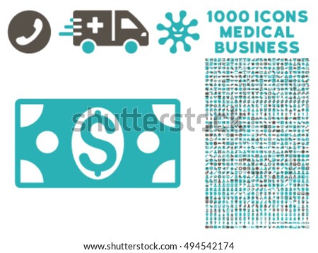 Dollar Banknote icon with 1000 medical business grey and cyan vector pictograms. Collection style is flat bicolor symbols, white background.