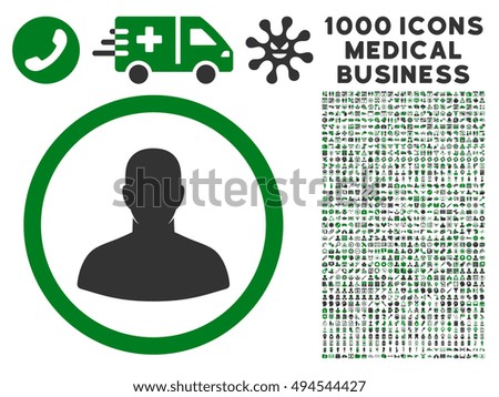 User icon with 1000 medical commercial green and gray vector pictographs. Set style is flat bicolor symbols, white background.