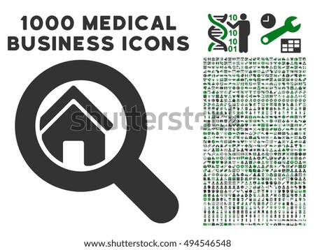 Search House icon with 1000 medical business green and gray vector pictograms. Collection style is flat bicolor symbols, white background.