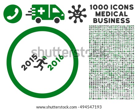 Run to 2016 Year icon with 1000 medical business green and gray vector pictographs. Clipart style is flat bicolor symbols, white background.