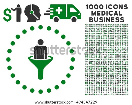 Sales Funnel icon with 1000 medical commercial green and gray vector pictograms. Collection style is flat bicolor symbols, white background.