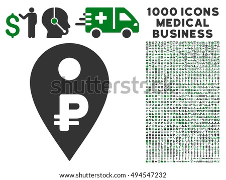 Rouble Map Marker icon with 1000 medical commerce green and gray vector pictographs. Design style is flat bicolor symbols, white background.