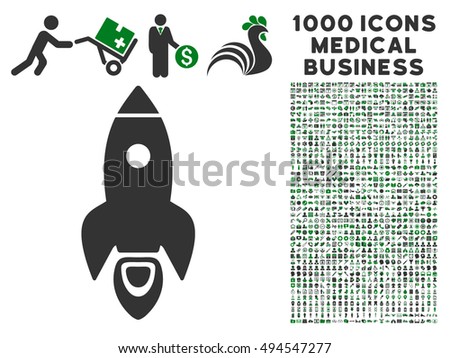 Rocket icon with 1000 medical commercial green and gray vector pictograms. Set style is flat bicolor symbols, white background.