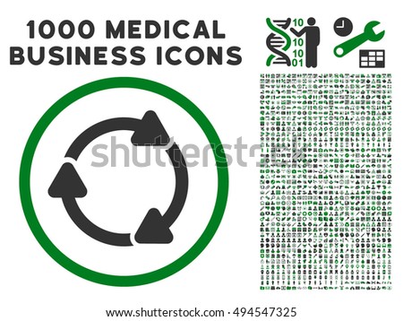 Rotate CW icon with 1000 medical business green and gray vector pictographs. Collection style is flat bicolor symbols, white background.
